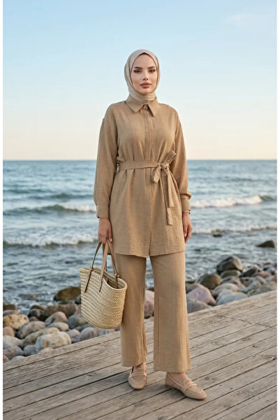 sefamerve Shirt Collar Belted Linen Two-Piece Suit 71199-04 Mink