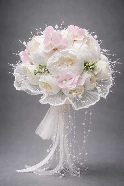 Bioren İnci Detaylı Pudra Gelin Buketi Şakayık Lüks Ortancalı Gelin Çiçeği