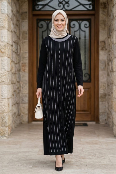 Hb Harma Time Butik Women's Crystal Fabric Stone Detailed Long Black Hijab Dress