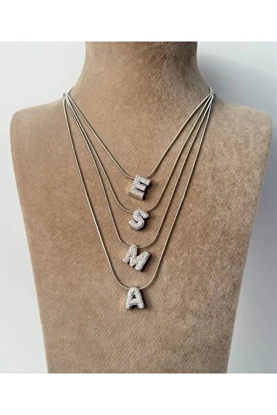 Haziran Accessory, Minimal'A' Letter Silver Women's Necklace with Zircon Stone