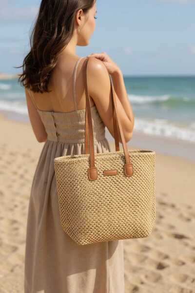 Aware Time Ženska torba za rame od slame sa patentnim zatvaračem, podstavljen...