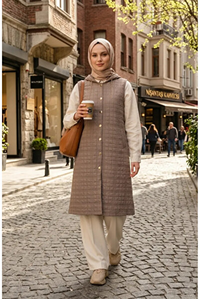 sefamerve Quilted Chain Detailed Buttoned Vest 12031-06 Mink