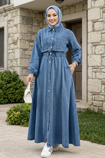 Hb Harma Time Butik Women's Denim Blue Dress with Pocket Detail and Elastic W...
