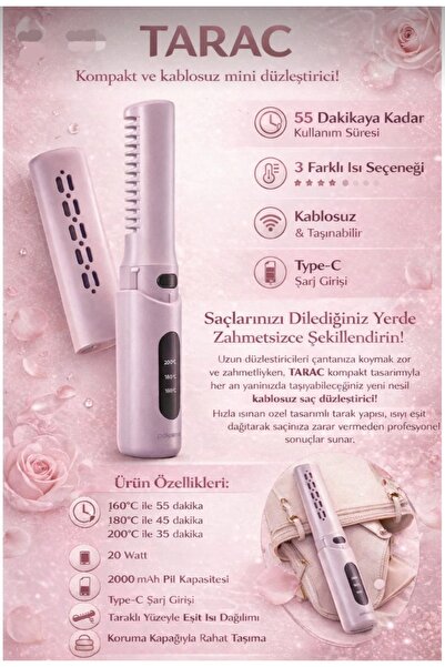 Polosmart MİNİ KABLOSUZ SAÇ DÜZLEŞTİRİCİ TARAK (NEW AGE) 3 KADEMELİ