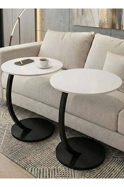 Taimi طاولة قهوة عصرية من قطعتين |   طاولة جانبية على شكل حرف C باللون الأبيض...