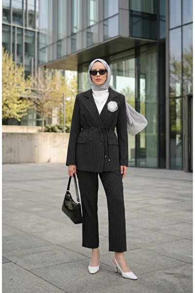 sefamerve Striped Buttoned Jacket and Trousers Two-Piece Set 50021-02 Black