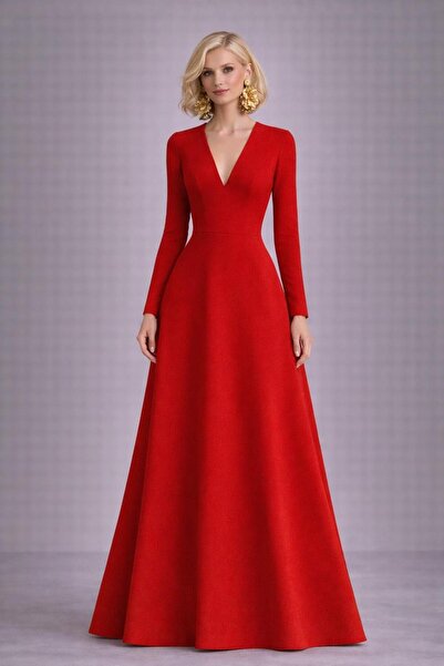 SERAVENZA COUTURE فستان سهرة أنيق من الكريب بياقة على شكل V مقاس ماكسي COU-103