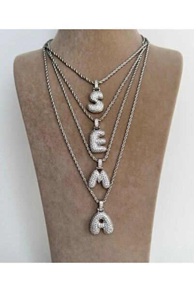 Haziran Accessory, Zircon Stone Chubby Twist's' Letter Silver Women's Necklace