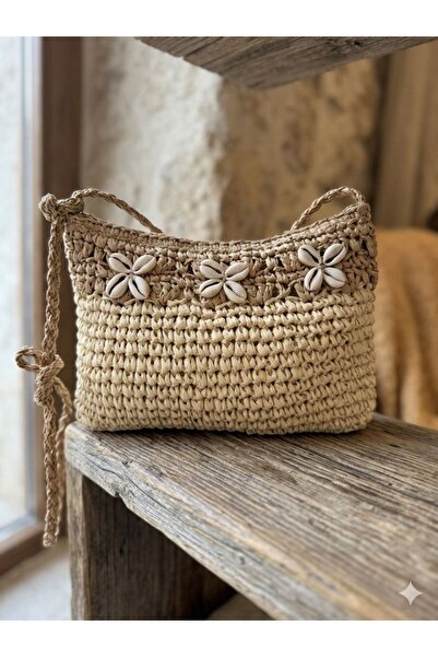 Axesoire NWC-1076 Bej Denizkabuğu Detaylı El Örgüsü Hasır Çanta 28x21 cm