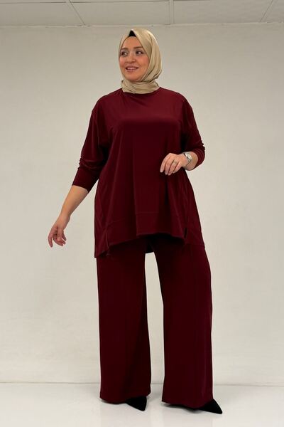Eslina 67033 Set pantaloni Sandy cu piesă la tiv, mărime mare - Roșu Claret