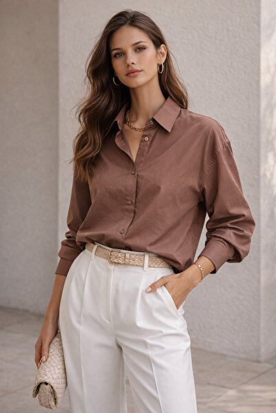 1434 Polo State Women's Oversize Long Sleeve 100% Cotton Woven Brown Shirt