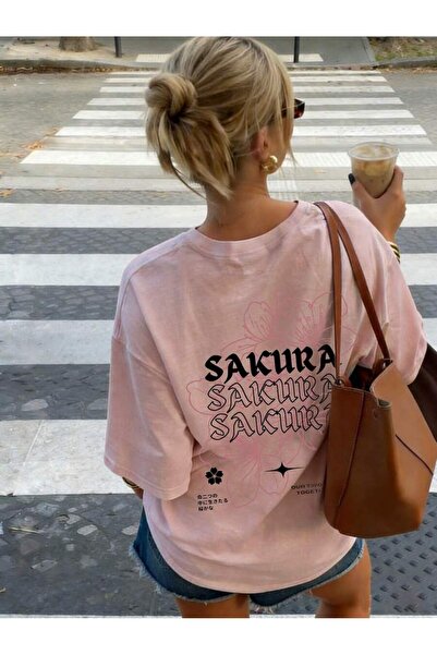 MOONBULL تي شيرت نسائي كبير الحجم مطبوع عليه زهرة الساكورا من الخلف