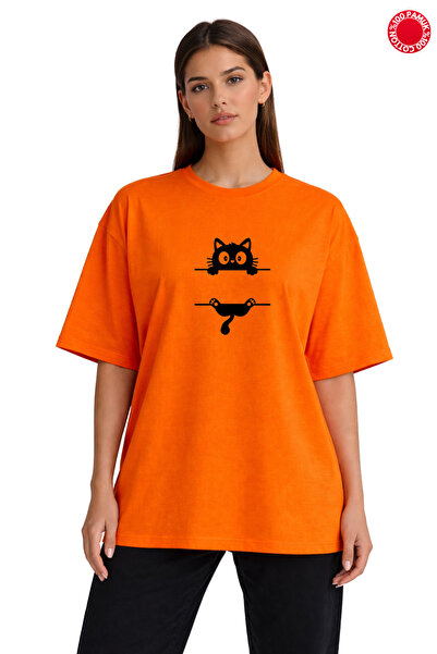 DUBU BUTİK Orange Oversize T-Shirt Unisex 100% Cotton Cute Cat Printed Loose ...