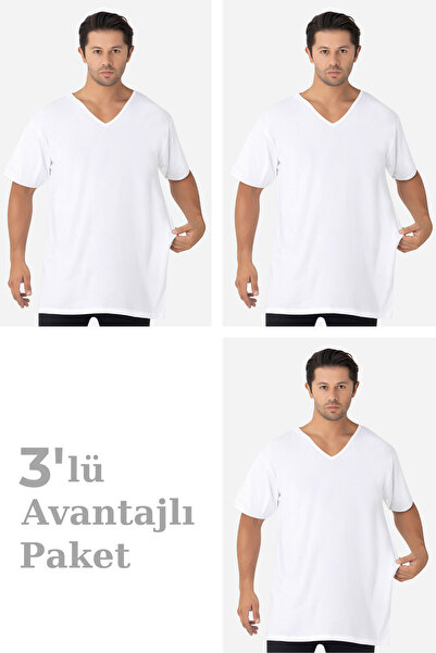 Arma Yıldız 3-Pack White Men's V-Neck Short Sleeve Plus Size T-Shirt 100% Cot...