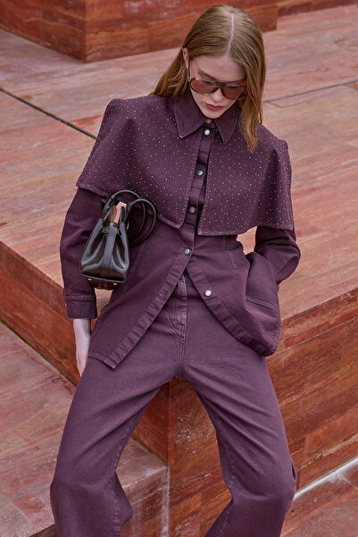 Fahhar Işıltılı Pelerin Detaylı Denim Gömlek Ceket Bordo