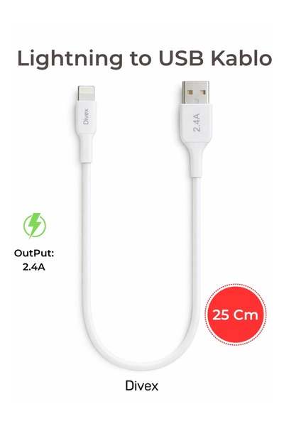 Divex 25 cm Lightning USB Şarj Kablosu - 2.4A Hızlı Şarj ve Veri Aktarım Kabl...