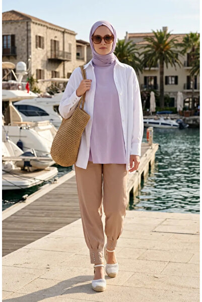 sefamerve Παντελόνι με ελαστική μέση και πέτρες στα μπατζάκια 71101-04 Μπεζ