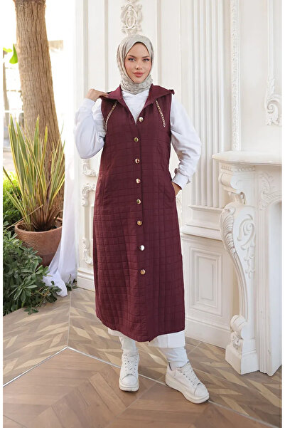 sefamerve Quilted Chain Detailed Buttoned Vest 71195-02 Claret Red