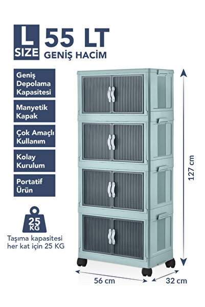 Lavine ”LARGE” 4 Katlı Portatif Organizer Tekerlekli Dolap Çok Amaçlı Mıknatıs Kapaklı Katlanır - BEBE MAVİ