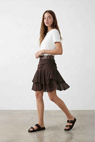 Moda Asrın Kemerli Volanlı Kombine Mini Elbise Ekru