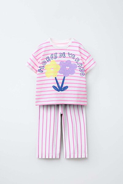 Magu Girl's Cotton Pink Striped Floral Printed T-Shirt and Sweatpants Set