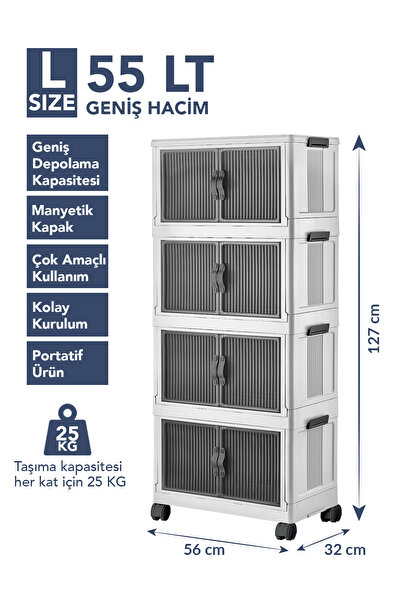 Lavine ”LARGE” 4 Katlı Portatif Organizer Tekerlekli Dolap Çok Amaçlı Mıknatıs Kapaklı Katlanır - BEYAZ