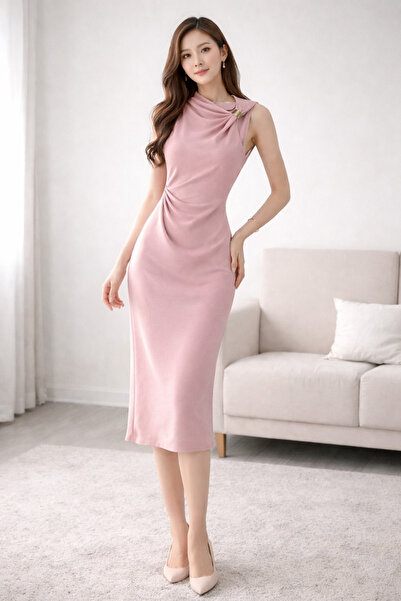 AYHAN Детайлна миди рокля на раменете