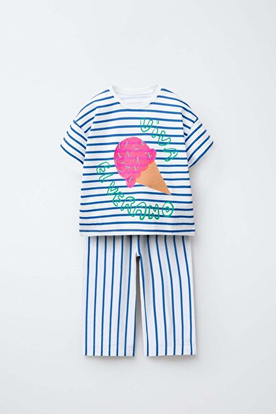 Magu Girl's Cotton Striped Ice Cream Printed T-Shirt and Sweatpants Set