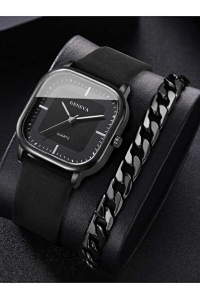 Geneva Platinum Men's Gift Set Black Geneva Watch + Cuban Bracelet