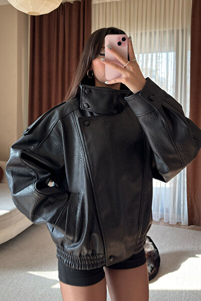 Moderk Zra Model Textured Leather Oversize Stand Collar Women's Jacket