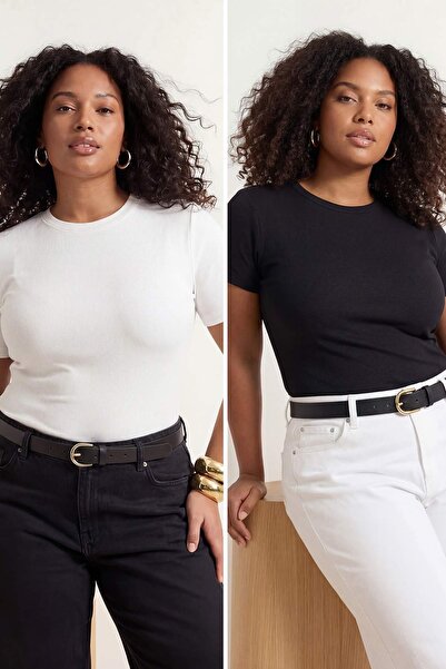 Trendyol Curve Μαύρο-Εκρού 2-τεμάχια Πακέτο Λύκρα Χτενισμένο Βαμβακερό Πλεκτό...