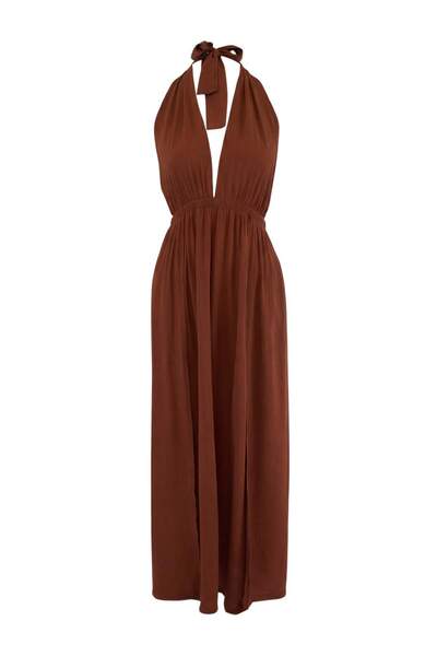 Συλλογή Trendyol Καφέ υφαντό μάξι φόρεμα παραλίας με ανοιχτή πλάτη TBESS25EL0...