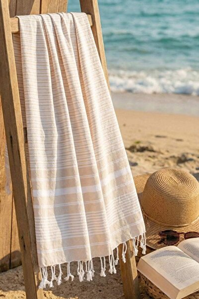 TRENDYOLMİLLA HOME Beige-White Striped Tasseled Peshtemal 100X180Cm Tphss26Ps...