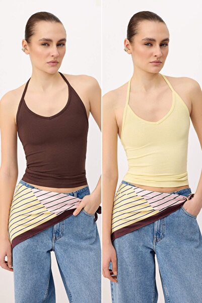 Trendyol Collection Tricou tricotat din bumbac, cu guler halteră, fără mâneci...