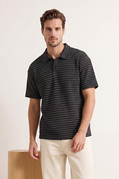 Συλλογή Trendyol Μπλουζάκι Navy Blue oversized / Φαρδιά Γραμμή Ριγέ με λαιμόκ...