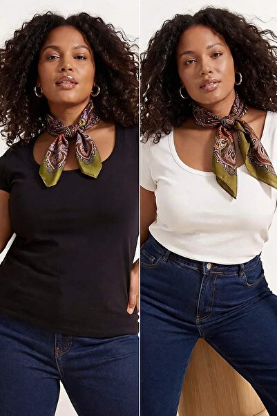 Trendyol Curve Μαύρο-Εκρού Πακέτο 2 τεμαχίων Μαλακή Βασική Πλεκτή Μπλούζα Μεγ...