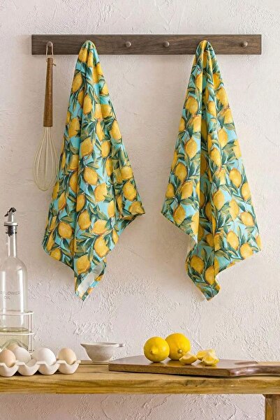 TRENDYOLMİLLA HOME 2er-Pack Küchenhandtücher mit Zitronenmuster aus 100 % Bau...
