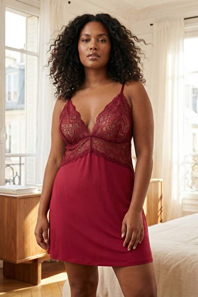 Trendyol Curve Βουργουνδί χρώμα, πλεκτό babydoll/φανταχτερό νυχτικό με Δαντέλ...