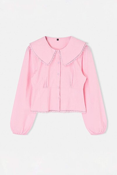 Συλλογή Trendyol Ροζ γιακάς με λεπτομέρειες και αξεσουάρ, πουκάμισο από βαμβα...