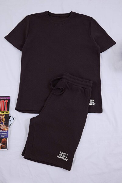 Συλλογή Trendyol Καφέ Σετ Πιτζάμες Κανονικής Εφαρμογής με Πλεκτό Σορτς Βάφλας...