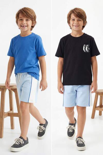 TRENDYOLKIDS Μαύρο-Σαξένιο 3-τεμαχικό Σετ Πλεκτό με Στάμπα (Κάτω & Άνω Μέρος)...