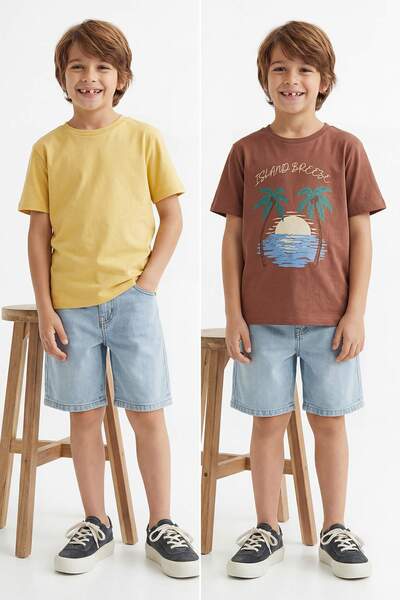 TRENDYOLKIDS Gelb-Tile 2er-Pack bedruckte Strick-T-Shirts für Jungen TKDSS26T...