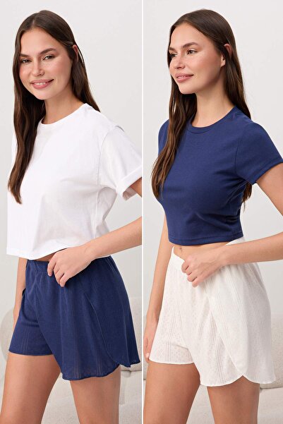 Συλλογή Trendyol Μπλε-λευκό 2-τεμάχια πακέτο πιτζάμες με διάτρητο πλεκτό σχέδ...