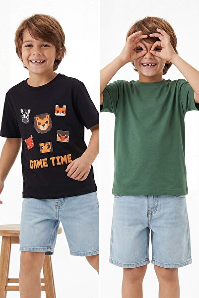 TRENDYOLKIDS Μαύρο-πράσινο πλεκτό μπλουζάκι με σλόγκαν 2 τεμαχίων TKDSS26TS00026