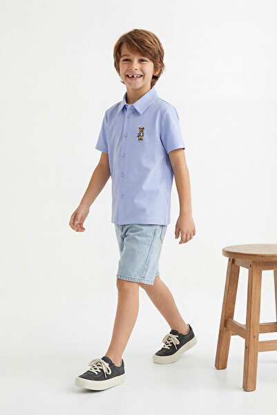 TRENDYOLKIDS Blue Boy's Embroidered Shirt Tkdss26Go00006
