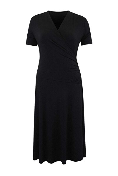 Trendyol Curve Μαύρο Α-γραμμή διπλό πέτο Κοντομάνικο με γιακά Με σούρες Μάξι ...