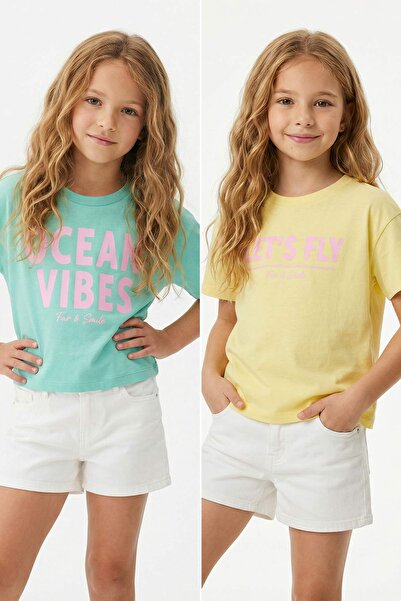 TRENDYOLKIDS Gelb-grünes 2-teiliges bedrucktes Strick-T-Shirt für Mädchen TKD...