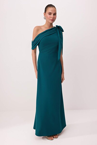 Συλλογή Trendyol Petrol Λεπτομέρεια με φιόγκο Υφαντό Μάξι Βραδινό Φόρεμα & Φό...