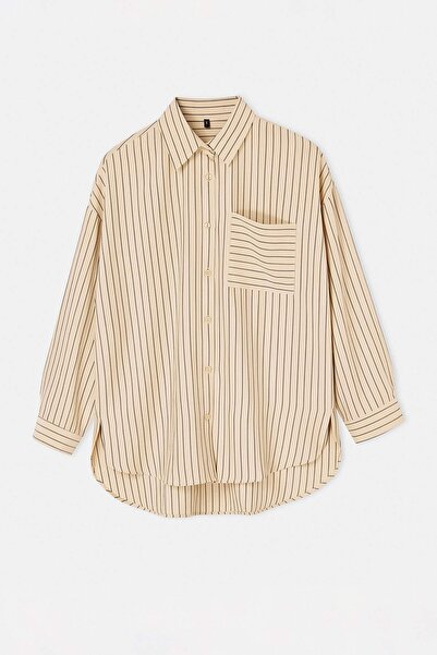 Trendyol Modest Μπεζ Υπερμεγέθες Ριγέ Υφαντό Πουκάμισο TCTSS26TG00056