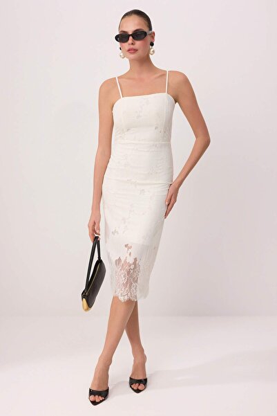 Συλλογή Trendyol Λευκό Απλό Πλεκτό Δαντελένιο Φόρεμα Κοκτέιλ με Μίντι Φόδρα